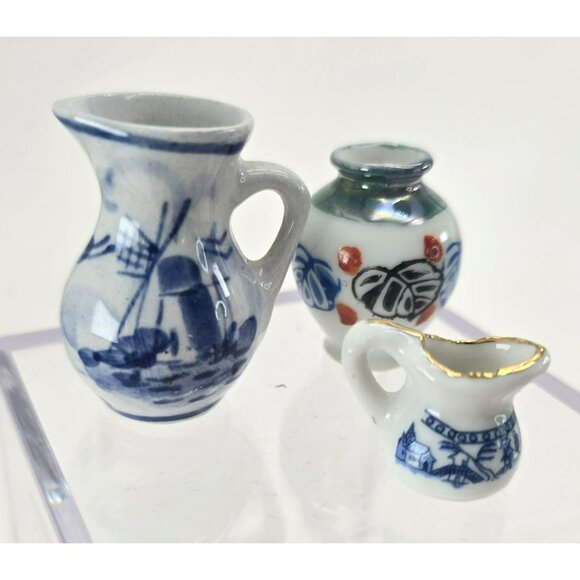 Miniature Vase and Pitchers Delft Luster Asian Perfect for Doll House je168 - Picture 2 of 6